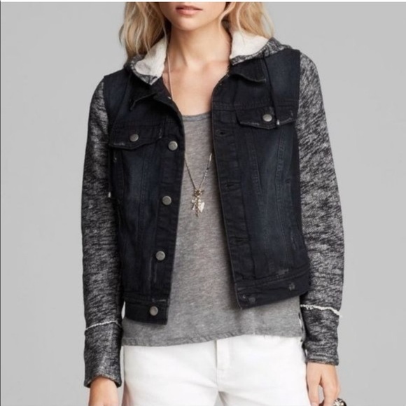 Free People Black Knit Denim Distressed Jacket Hooded